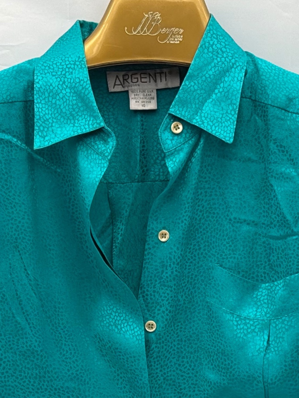 Argenti Emerald Green Silk Satin Woven Pattern Blouse - Size 10